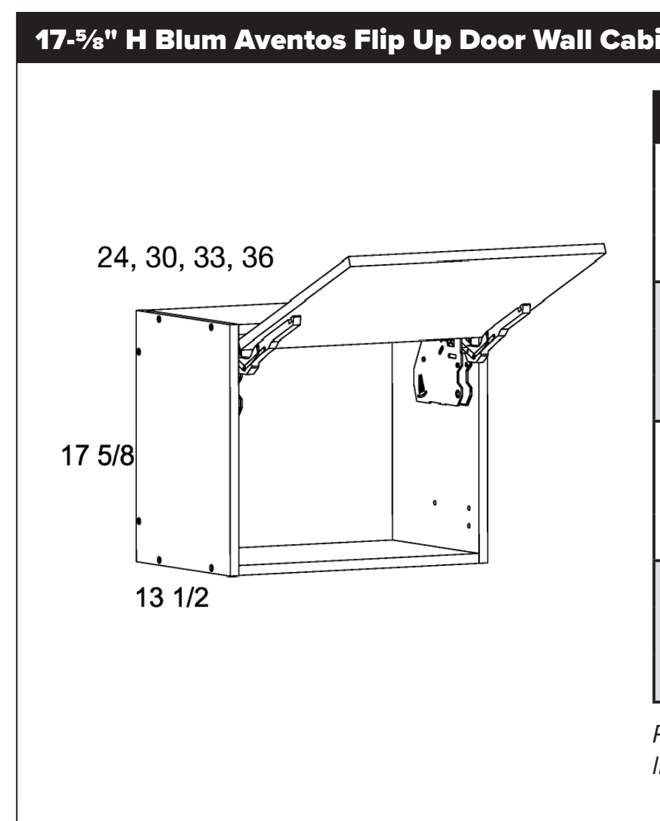 17-5/8" H Blum Aventos Flip Up Door Wall Cabinets — dimensional drawing