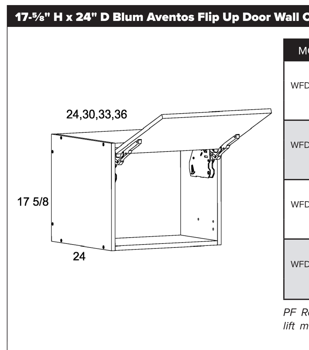 17-5/8" H x 24" D Blum Aventos Flip Up Door Wall Cabinets — dimensional drawing