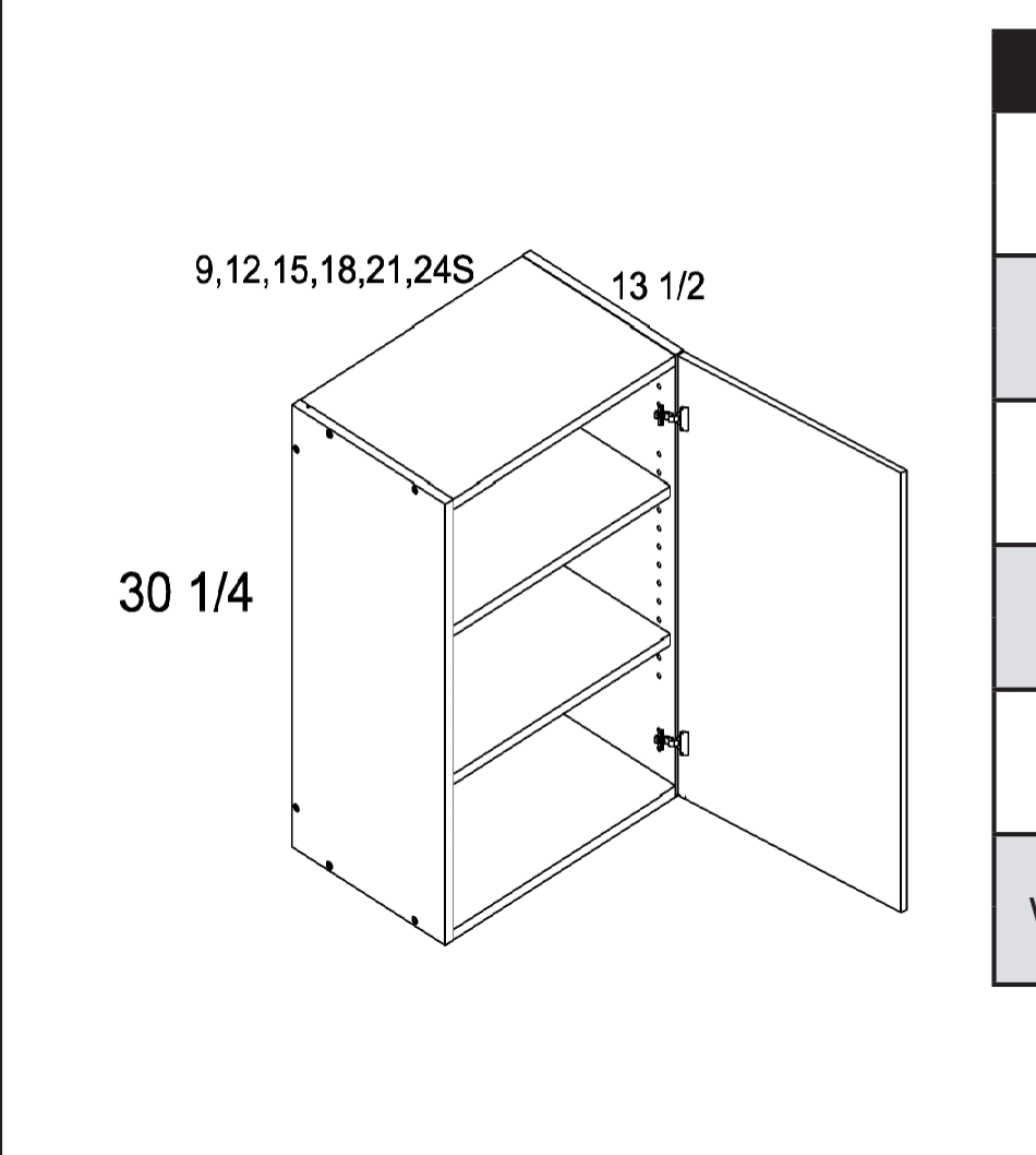 30" H Single Door Wall Cabinets — dimensional drawing