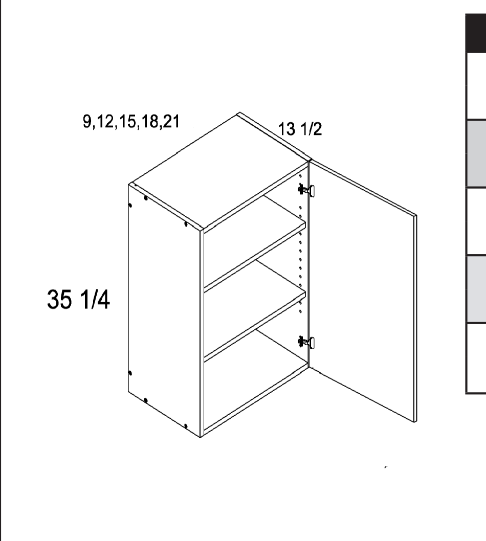 Torino White Pine 35" H Single Door Wall Cabinets — dimensional drawing
