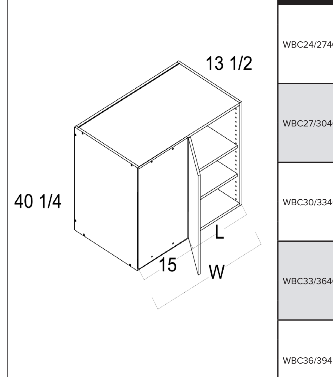 Torino White Pine 40"H Wall Blind Corner Cabinets — dimensional drawing