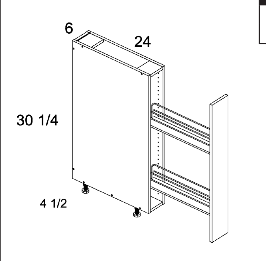 Torino White Pine Accessory Base - Full Height Door Base with Basket Pullout — dimensional drawing