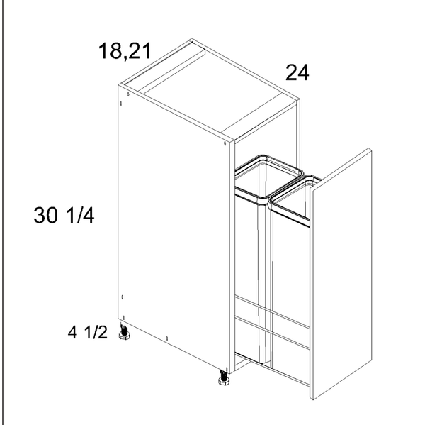 Torino White Pine Accessory Base - Full Height Door Base with Double Trash Can Pullout — dimensional drawing