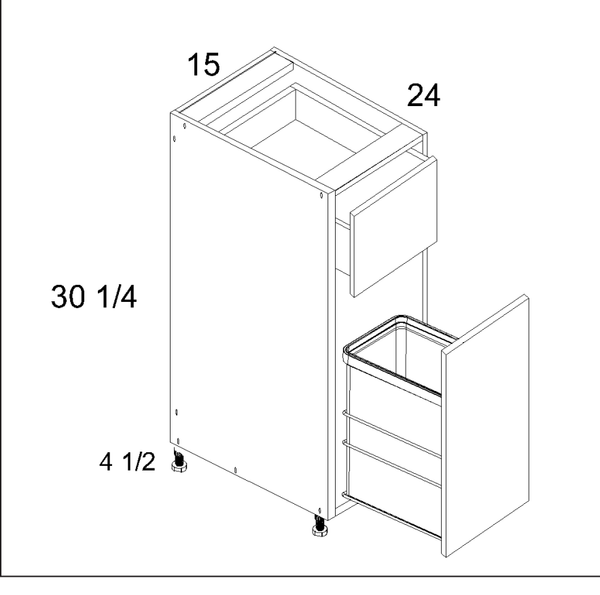Torino White Pine Accessory Base - Single Door Single Drawer Base with Single Trash Can Pullout — dimensional drawing