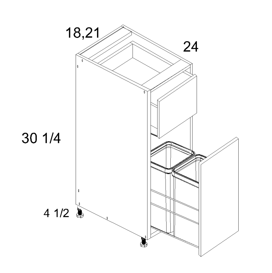 Accessory Base - Single Door Single Drawer Bases with Double Trash Can Pullout — dimensional drawing