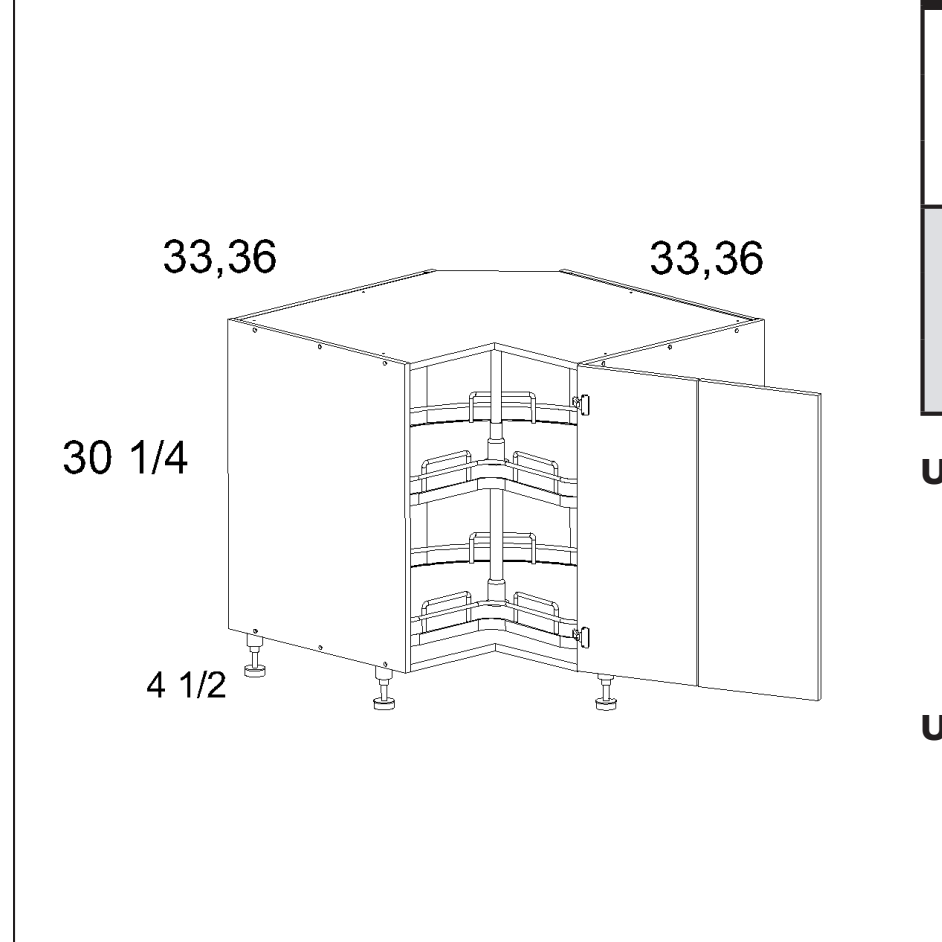 Torino White Pine Base Easy Reach Cabinets with Lazy Susan — dimensional drawing