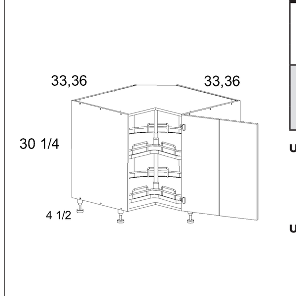 Torino White Pine Base Easy Reach Cabinets with Lazy Susan — dimensional drawing