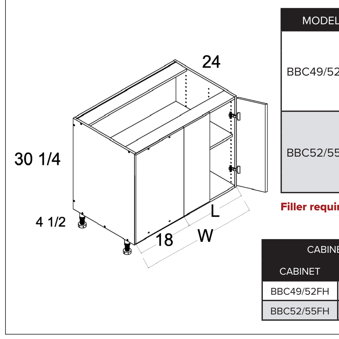 Torino White Pine Double Door Blind Base Corner Cabinets — dimensional drawing