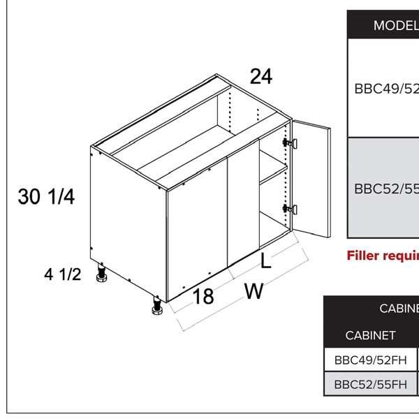 Torino White Pine Double Door Blind Base Corner Cabinets — dimensional drawing