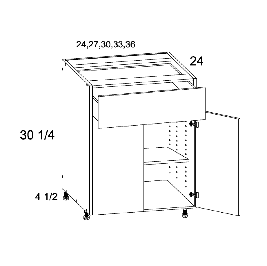 Double Door Single Drawer Bases — dimensional drawing