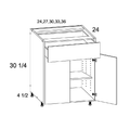 Torino White Pine Double Door Single Drawer Bases — dimensional drawing