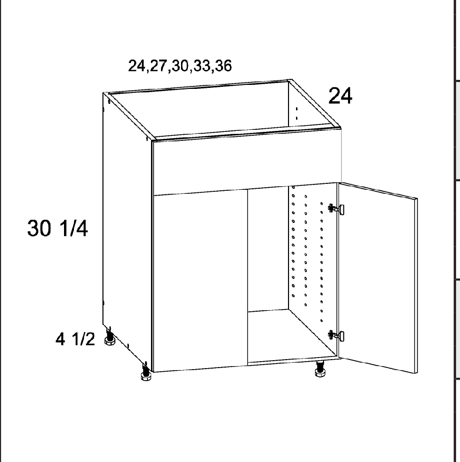 Torino White Pine Double Door Single False Drawer Front Sink Bases — dimensional drawing