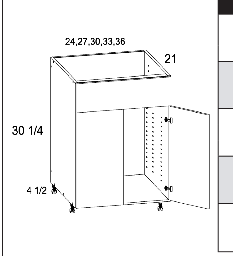 Torino White Pine Double Door Single False Drawer Front Vanity Sink Bases — dimensional drawing