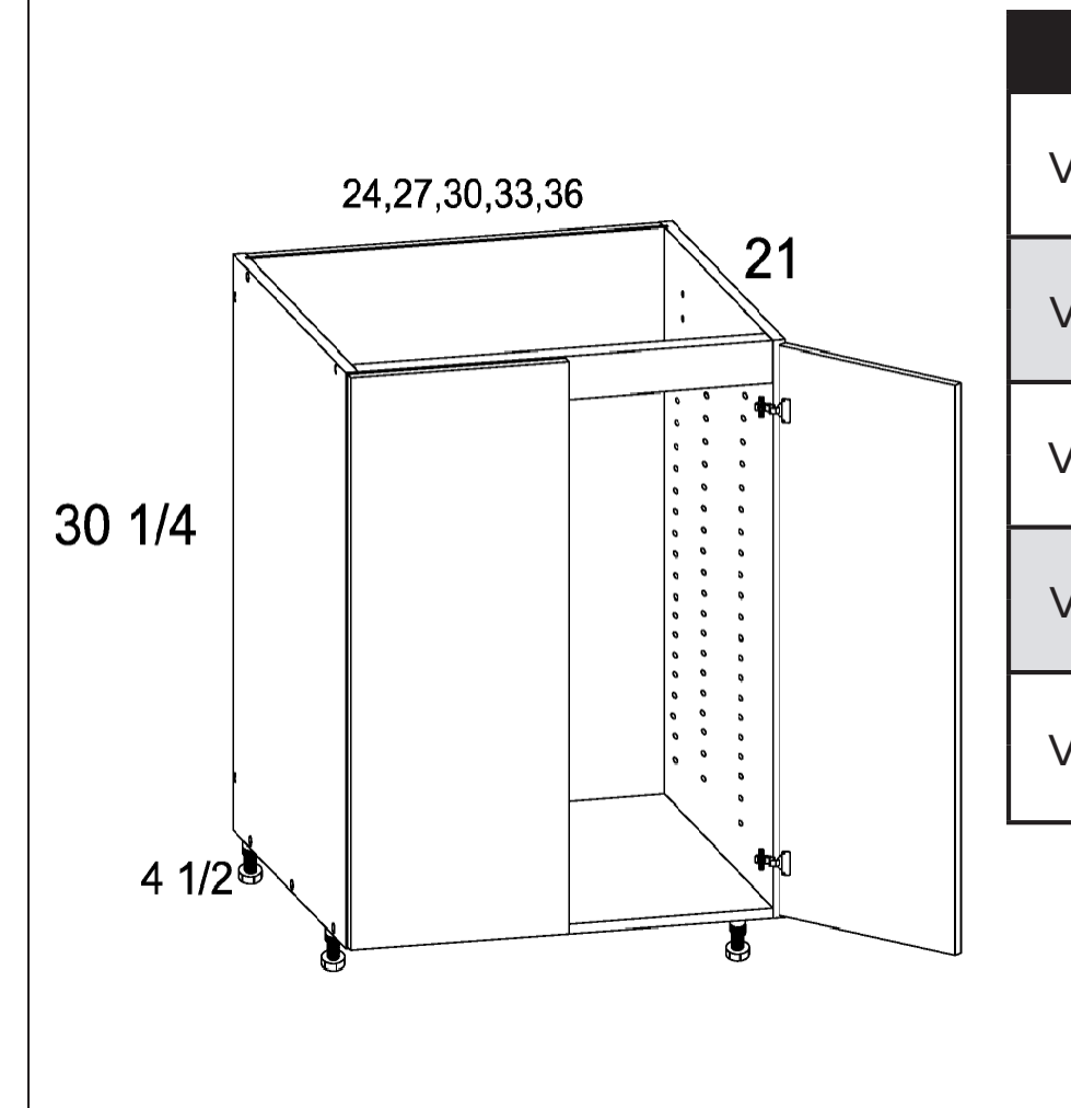 Torino White Pine Double Full Height Door Vanity Sink Bases — dimensional drawing