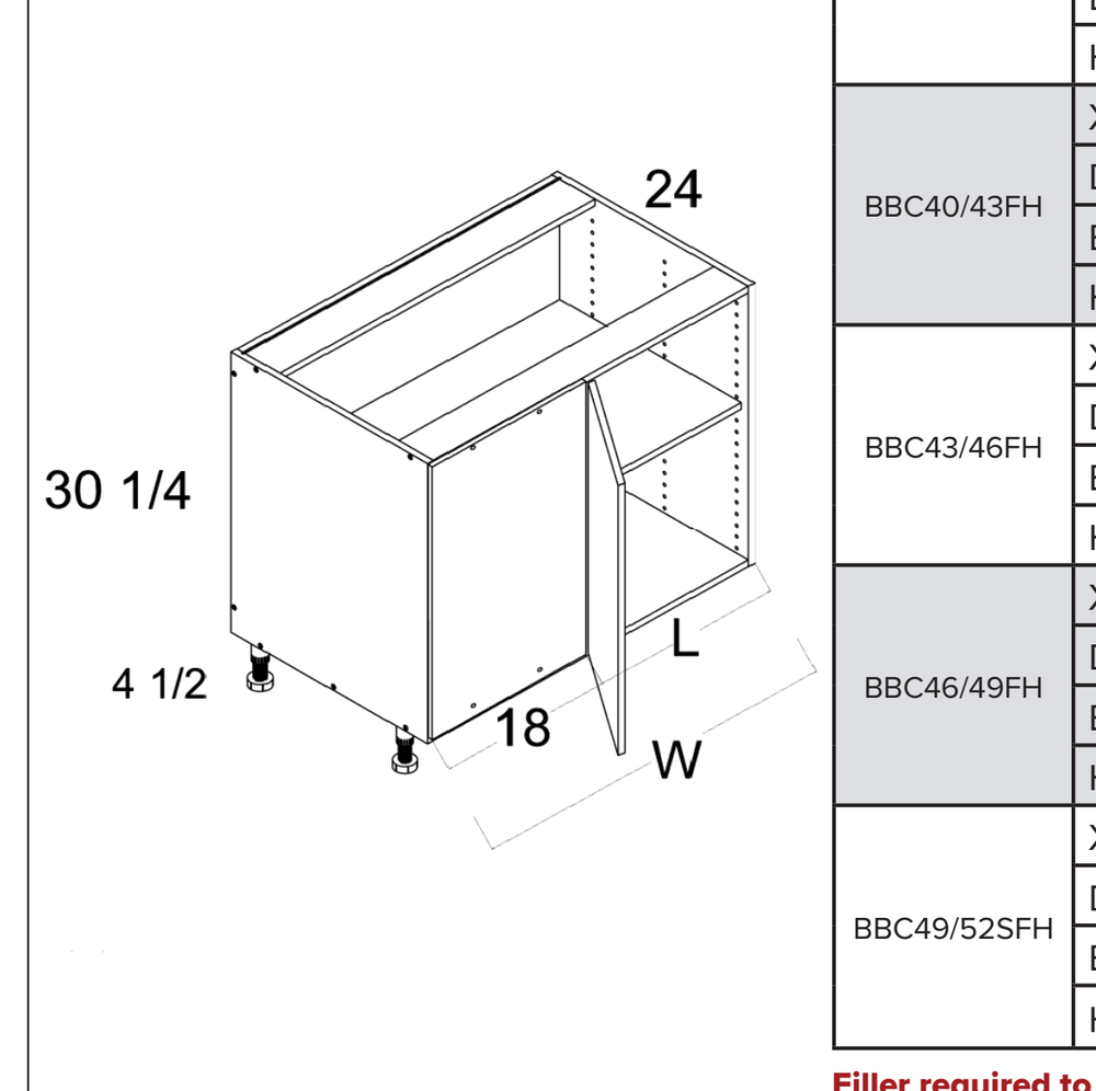 Single Door Blind Base Corner Cabinets — dimensional drawing