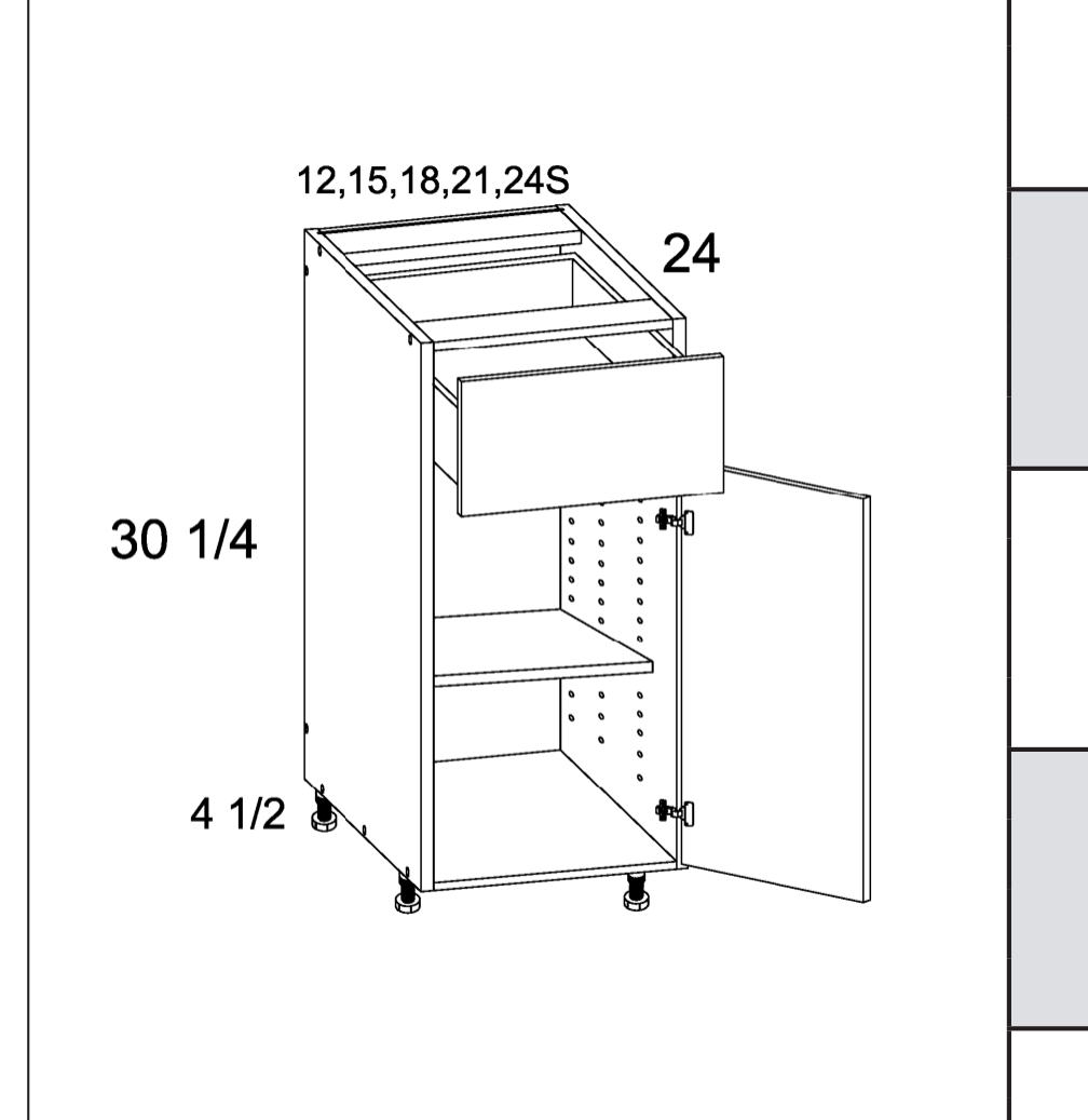 Torino White Pine Single Door Single Drawer Bases — dimensional drawing