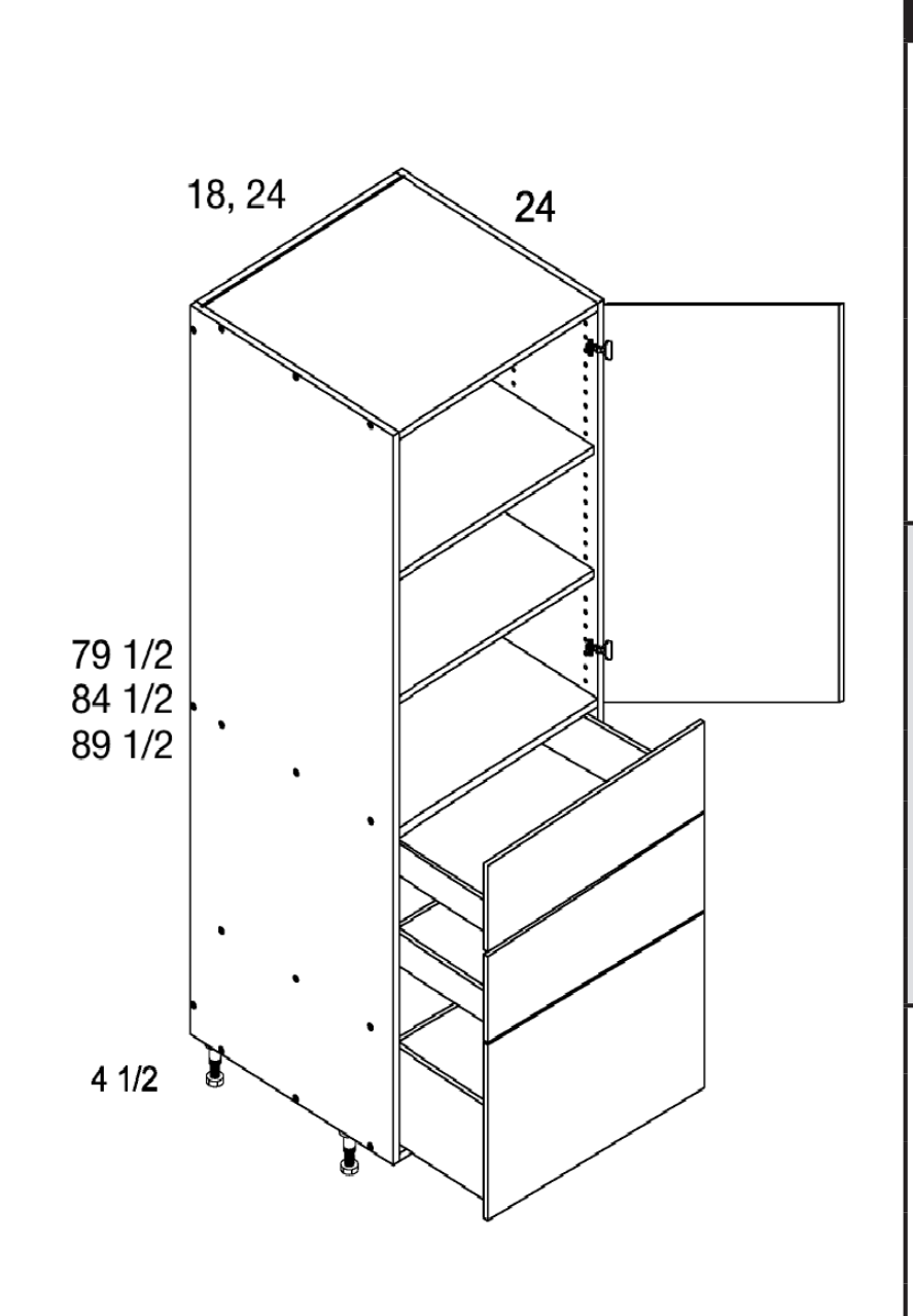 Tall One Door Three Drawer Utility Cabinets — dimensional drawing