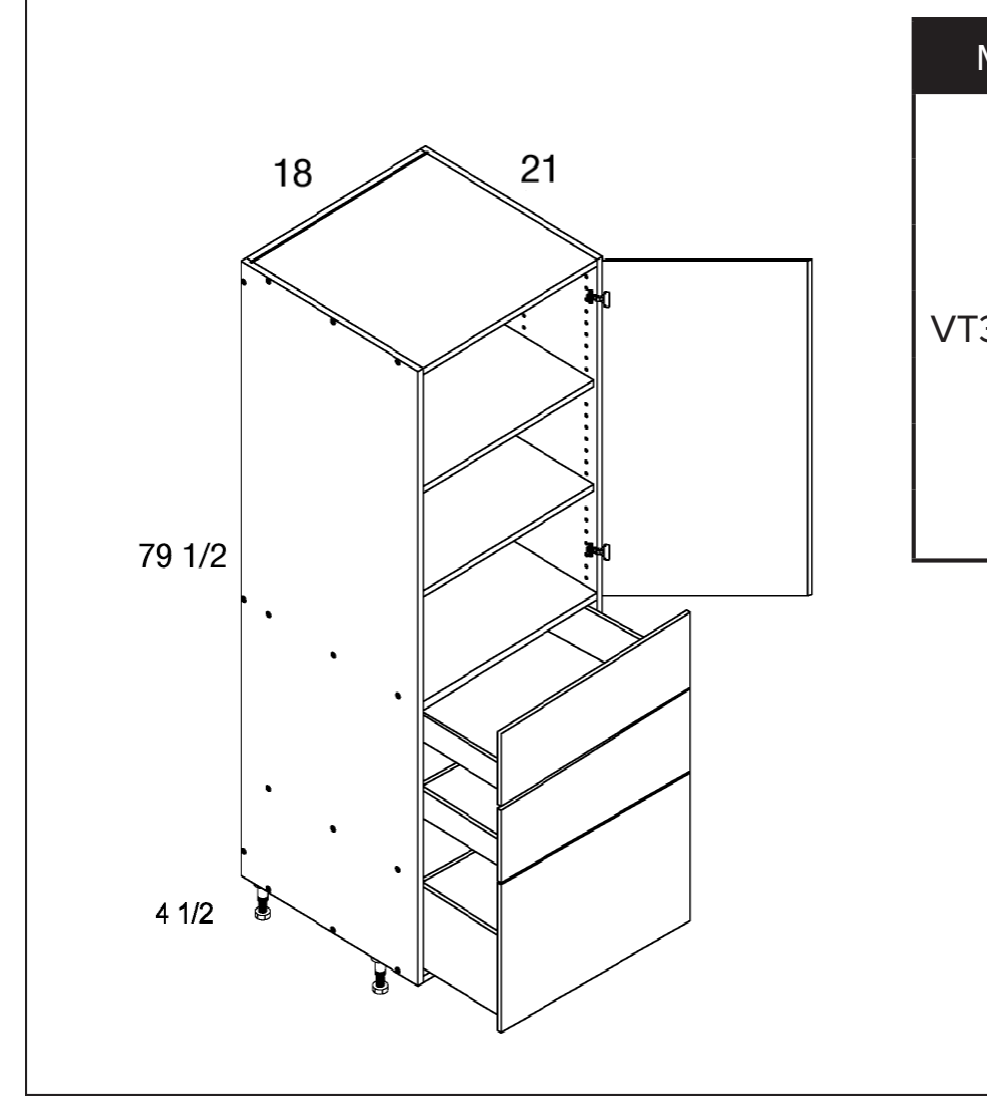 Tall One Door Three Drawer Vanity Utility Cabinet — dimensional drawing