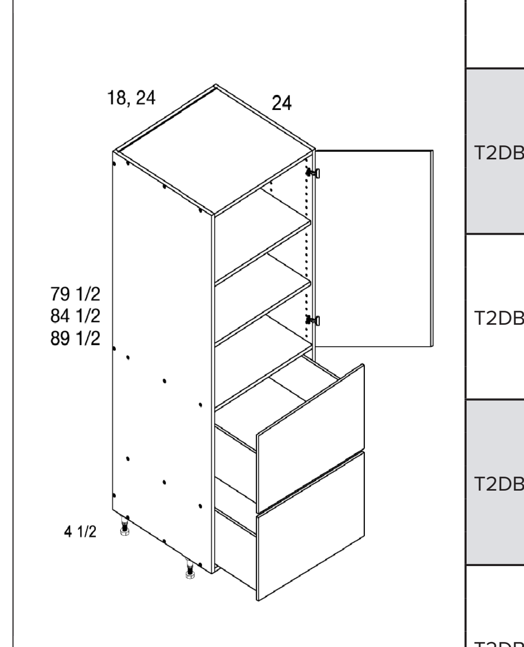 Torino White Pine Tall One Door Two Drawer Utility Cabinets — dimensional drawing
