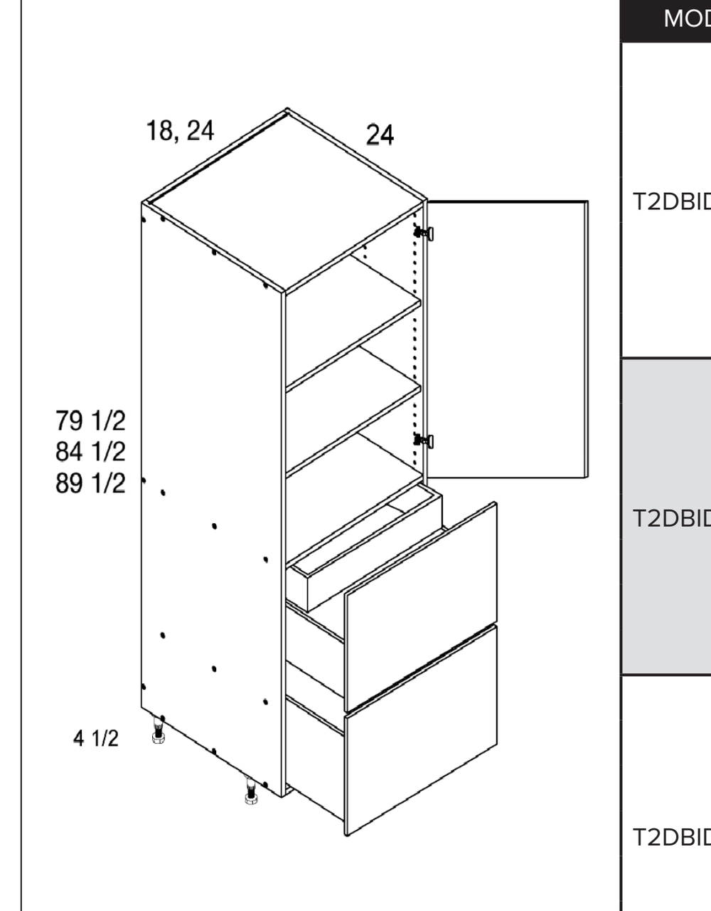 Tall One Door Two Drawer with One Inner Drawer Utility Cabinets — dimensional drawing