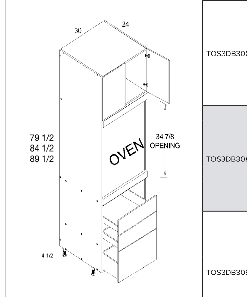 Tall Single Oven Three Drawer Utility Cabinet — dimensional drawing