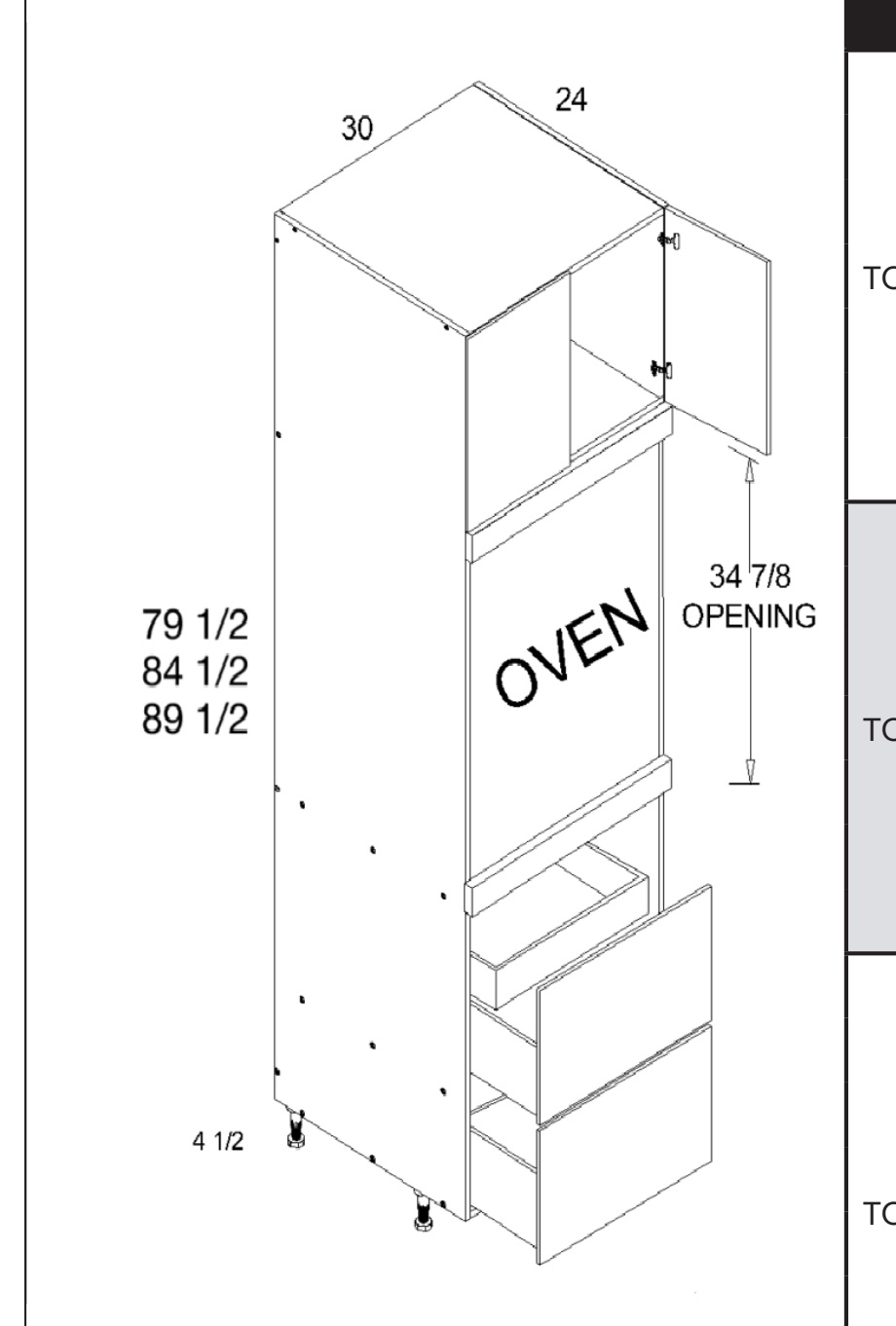 Torino White Pine Tall Single Oven Two Drawer One Inner Drawer Utility Cabinet — dimensional drawing