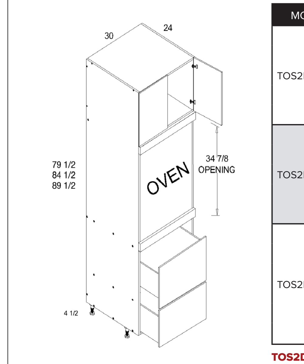 Tall Single Oven Two Drawer Utility Cabinet — dimensional drawing