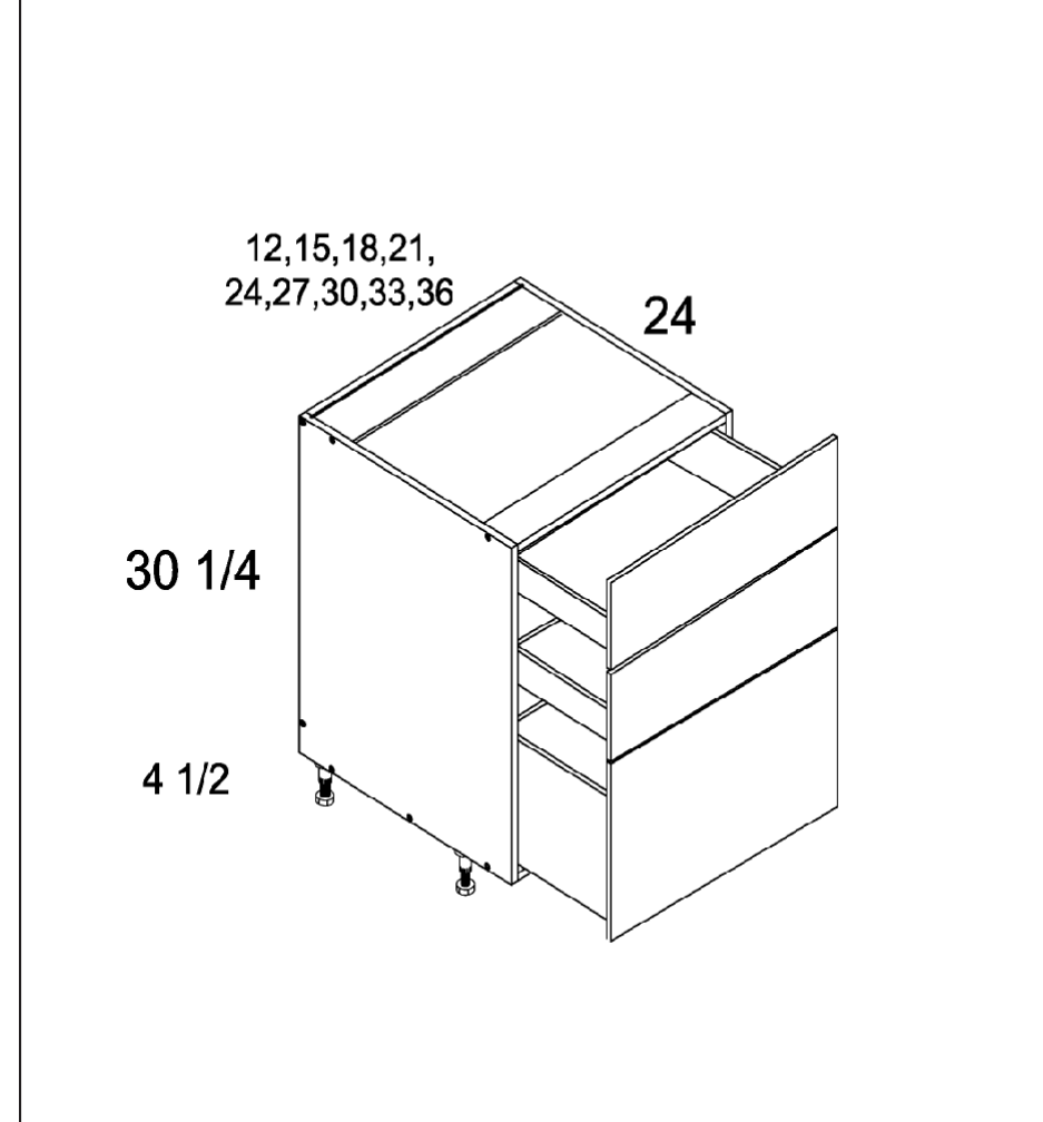Torino White Pine Three Drawer Bases — dimensional drawing