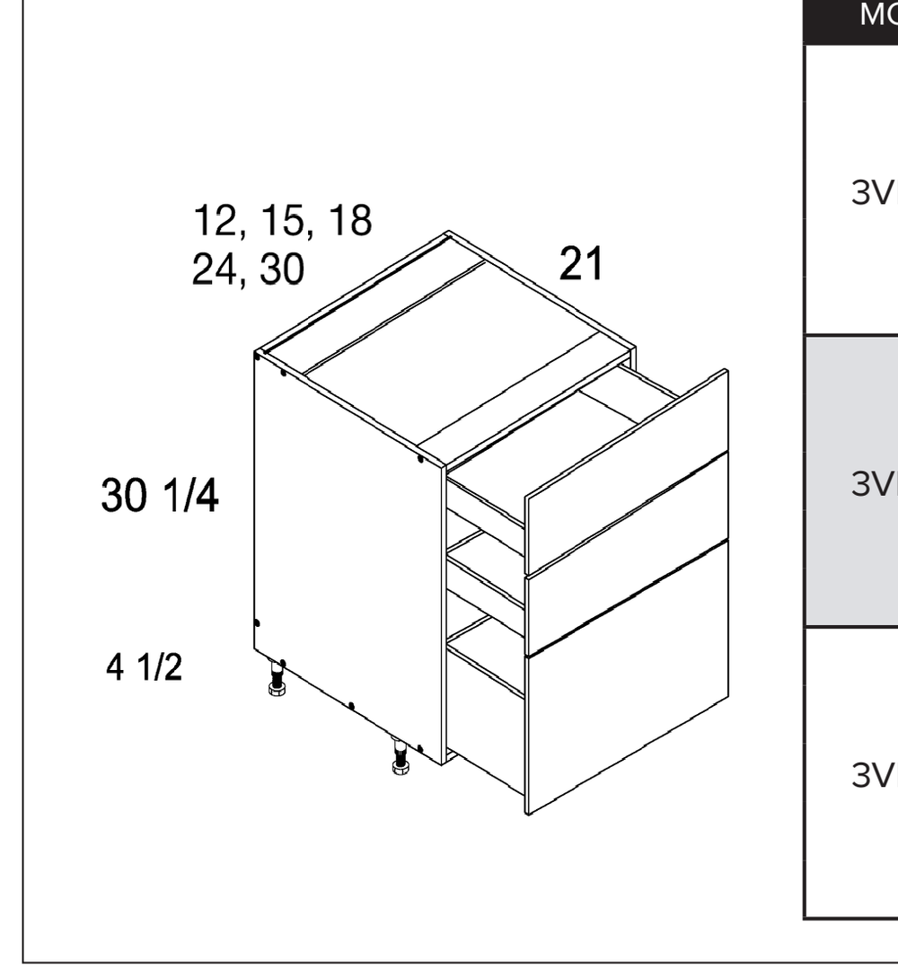 Three Drawer Vanity Bases — dimensional drawing