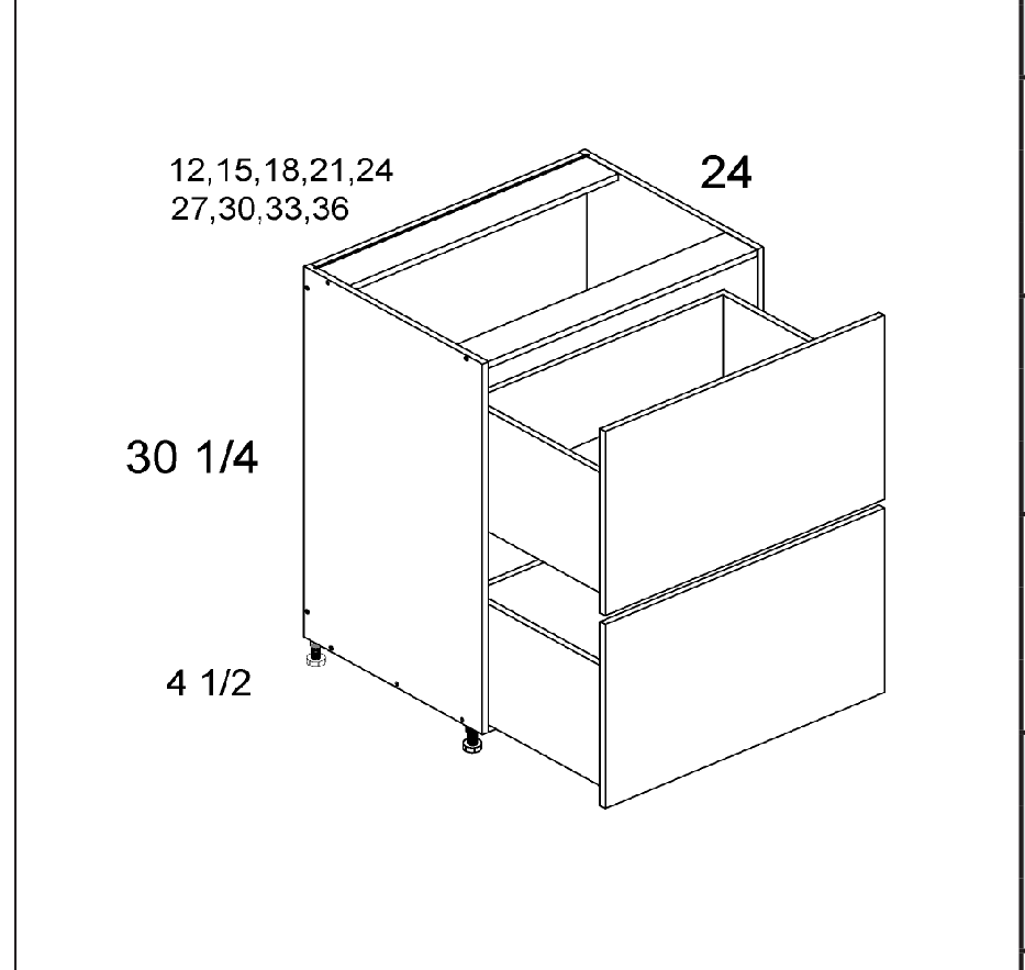 Torino White Pine Two Drawer Bases — dimensional drawing