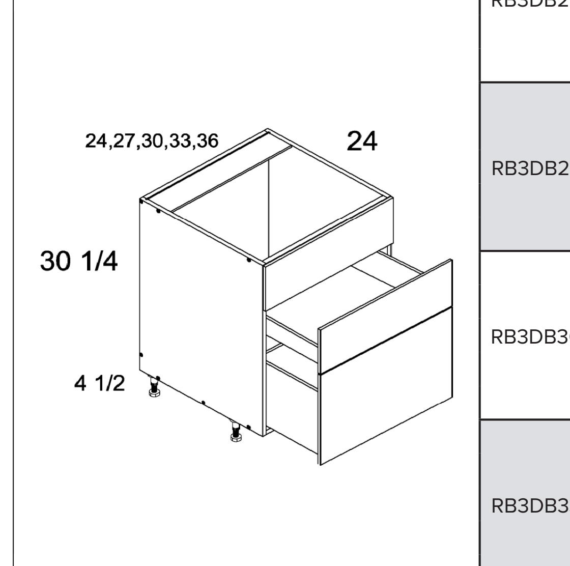 Torino White Pine Two Drawer One False Drawer Front Range Bases — dimensional drawing