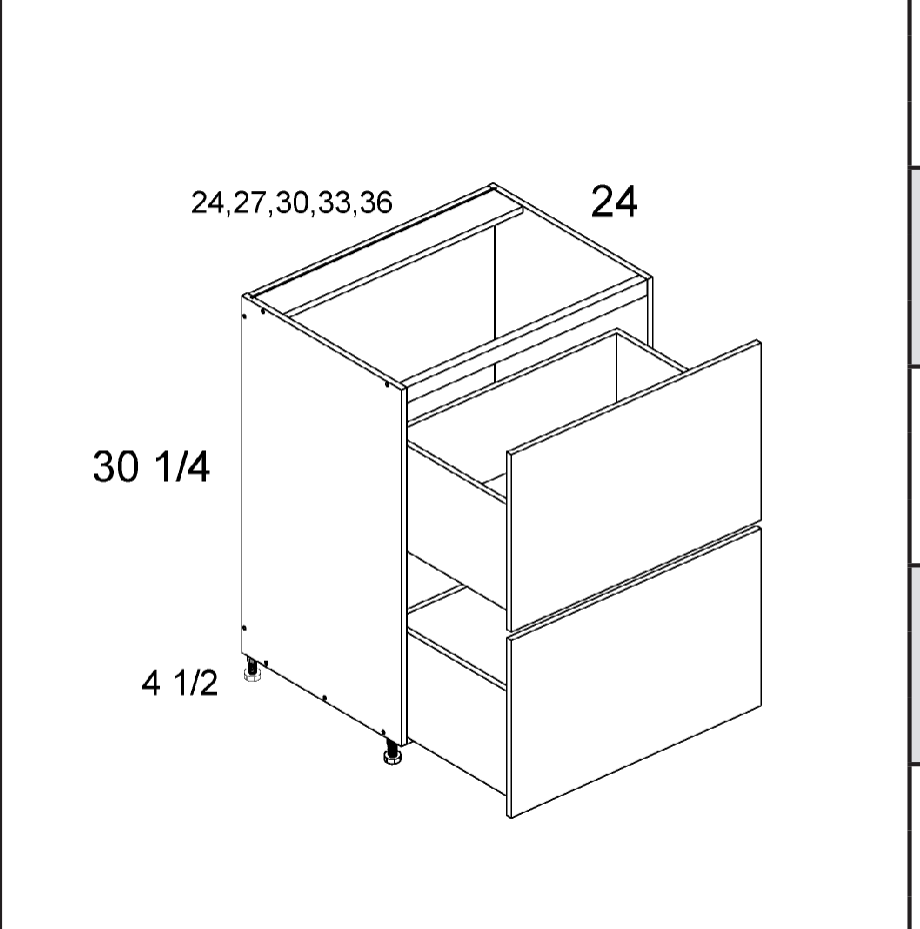 Torino White Pine Two Drawer Range Bases — dimensional drawing