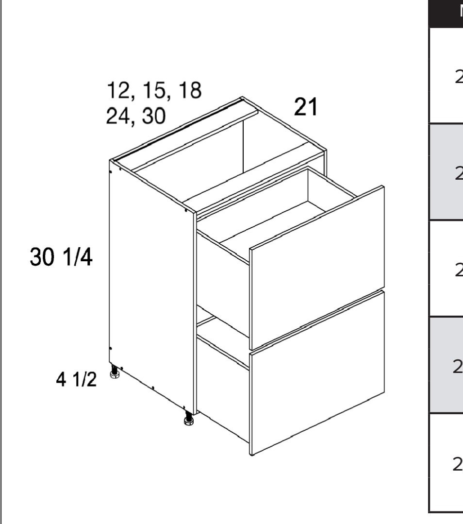 Torino White Pine Two Drawer Vanity Bases — dimensional drawing