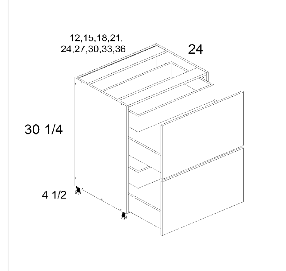 Torino White Pine Two Drawer with One Inner Drawer Bases — dimensional drawing