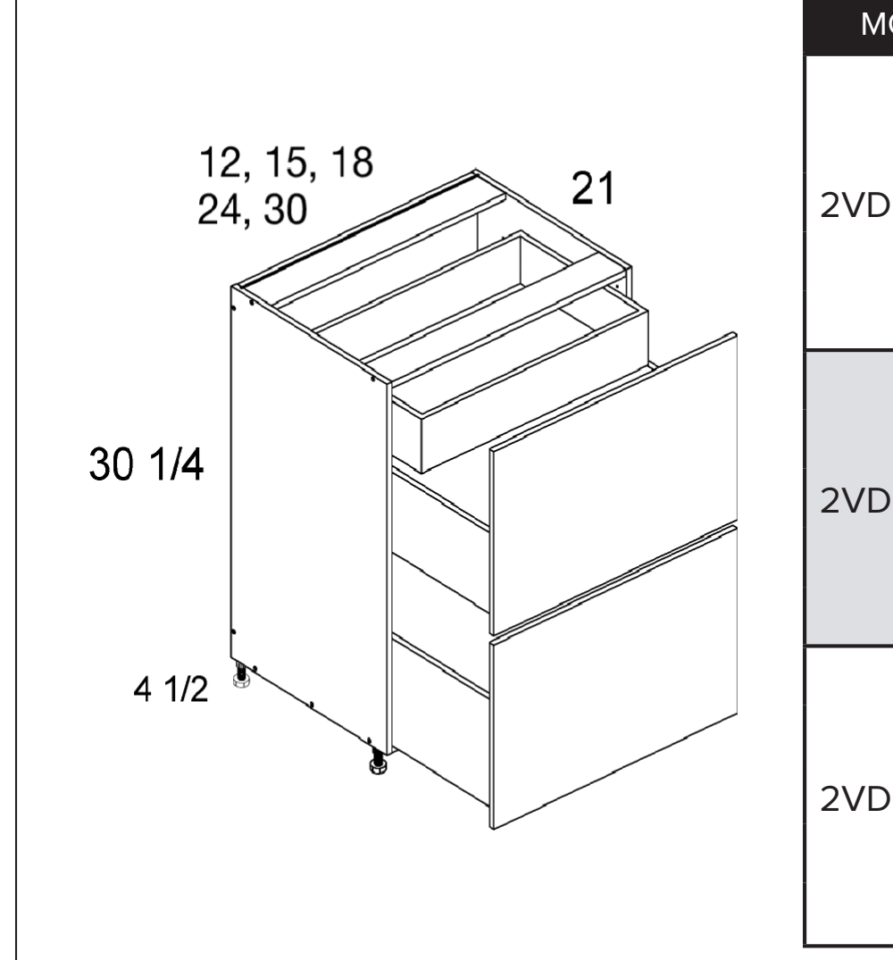 Two Drawer with One Inner Drawer Vanity Bases — dimensional drawing