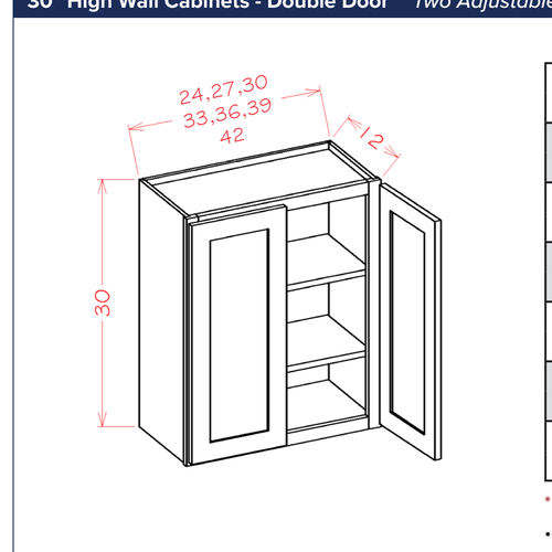 30" High Wall Cabinets - Double Door *Two Adjustable Shelves — dimensional drawing