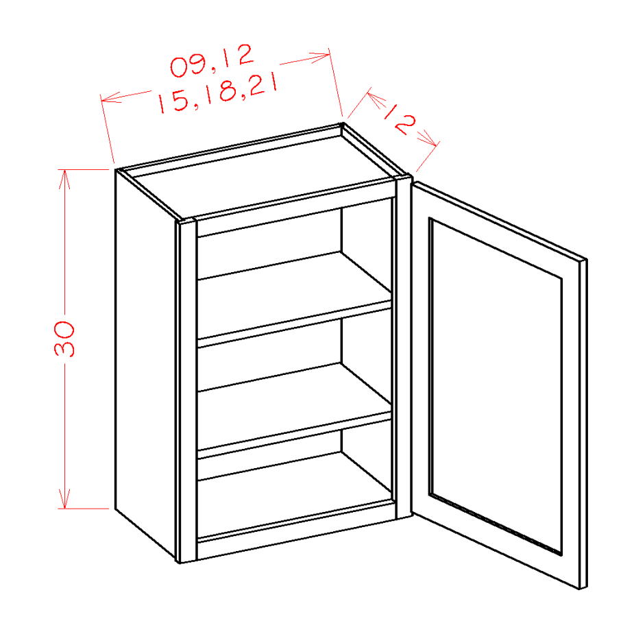 30" High Wall Cabinets - Single Door *Two Adjustable Shelves — dimensional drawing