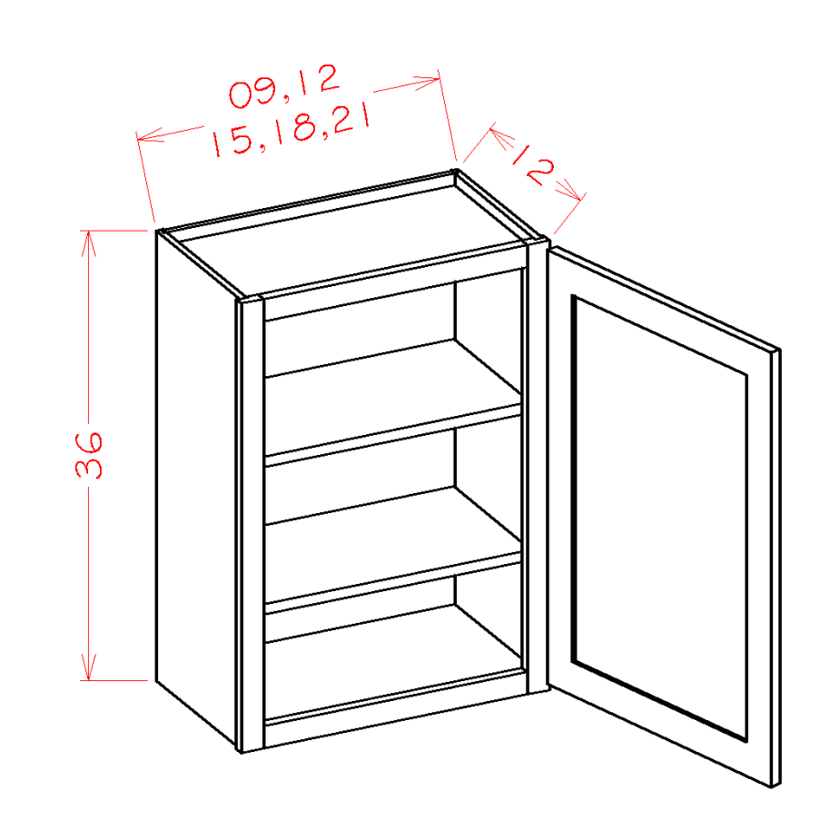 36" High Wall Cabinets - Single Door *Two Adjustable Shelves — dimensional drawing