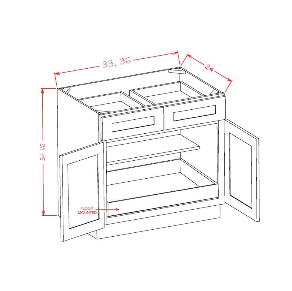 White Shaker Accessory Base Cabinets - Double Door Double Drawer One Rollout Shelf Base Kit — dimensional drawing