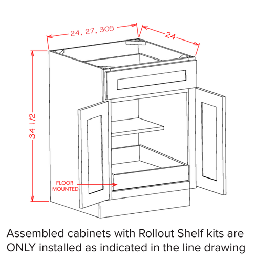 Accessory Base Cabinets - Double Door Single Drawer One Rollout Shelf Base Kit — dimensional drawing