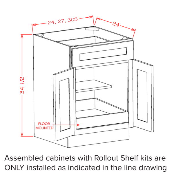 Accessory Base Cabinets - Double Door Single Drawer One Rollout Shelf Base Kit — dimensional drawing