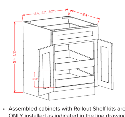Accessory Base Cabinets - Double Door Single Drawer Two Rollout Shelf Base Kit — dimensional drawing