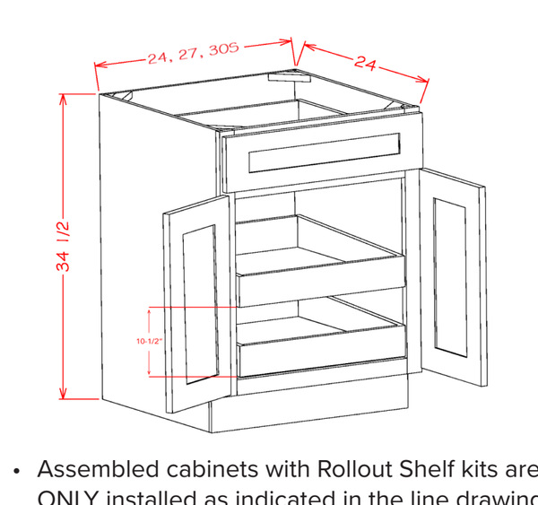 Accessory Base Cabinets - Double Door Single Drawer Two Rollout Shelf Base Kit — dimensional drawing