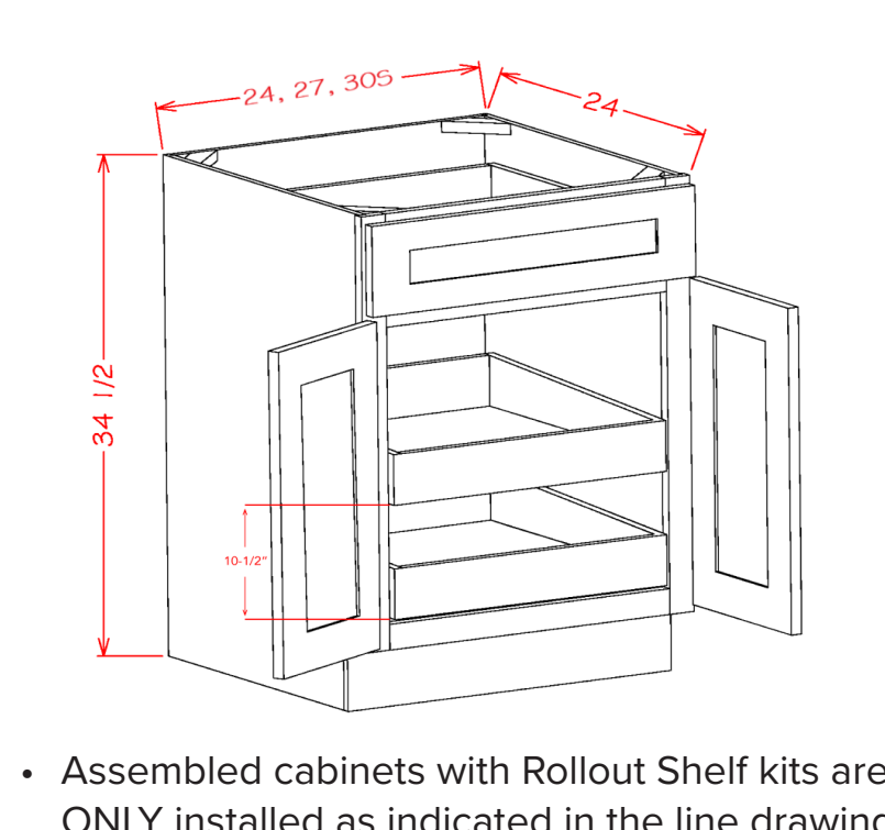 Accessory Base Cabinets - Double Door Single Drawer Two Rollout Shelf Base Kit — dimensional drawing