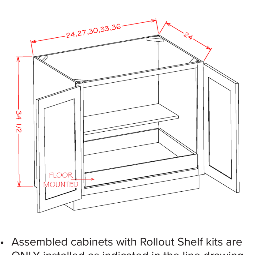 White Shaker Accessory Base Cabinets - Double Full Height Door One Rollout Shelf Base Kit — dimensional drawing