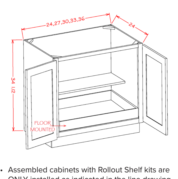 White Shaker Accessory Base Cabinets - Double Full Height Door One Rollout Shelf Base Kit — dimensional drawing