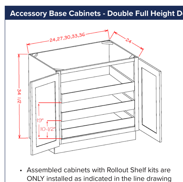 Accessory Base Cabinets - Double Full Height Door Three Rollout Shelf Base Kit — dimensional drawing