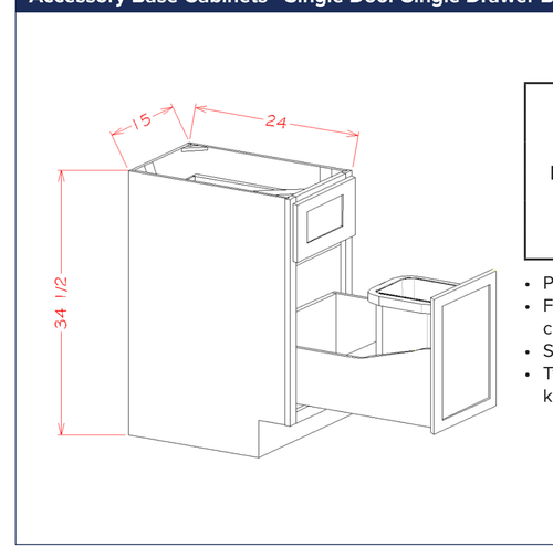 Accessory Base Cabinets - Single Door Single Drawer Base Kit with Single Trash Can Pullout — dimensional drawing