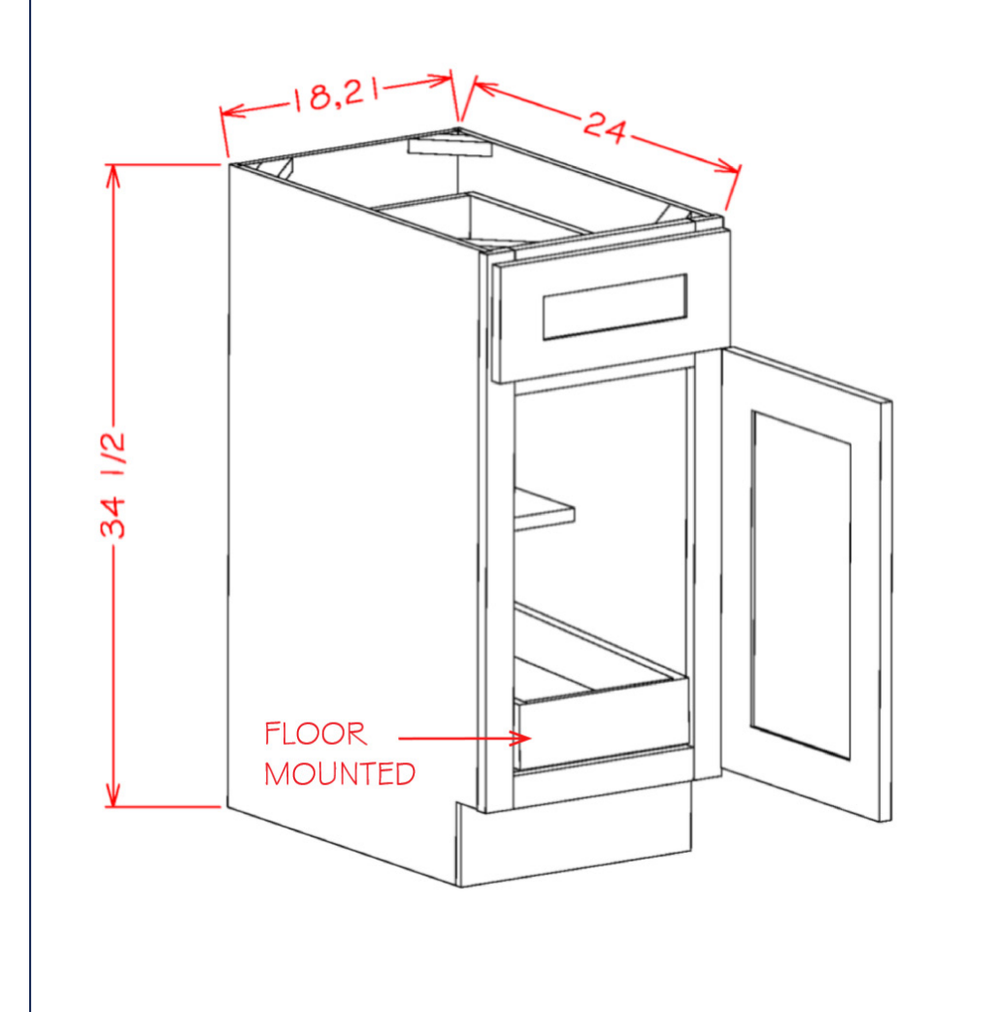 Accessory Base Cabinets - Single Door Single Drawer One Rollout Shelf Base Kit — dimensional drawing