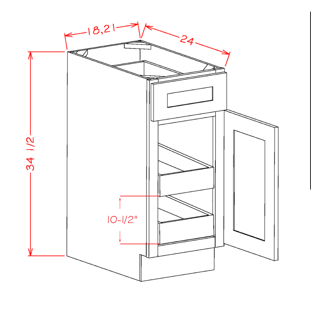 White Shaker Accessory Base Cabinets - Single Door Single Drawer Two Rollout Shelf Base Kit — dimensional drawing